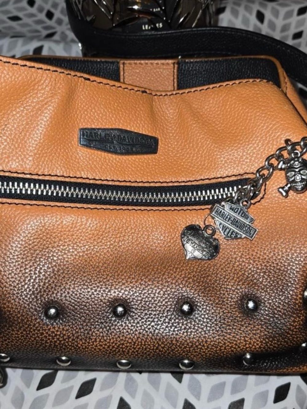 Harley-Davidson Ombre Orange and Black Studded Shoulder Bag with Charms